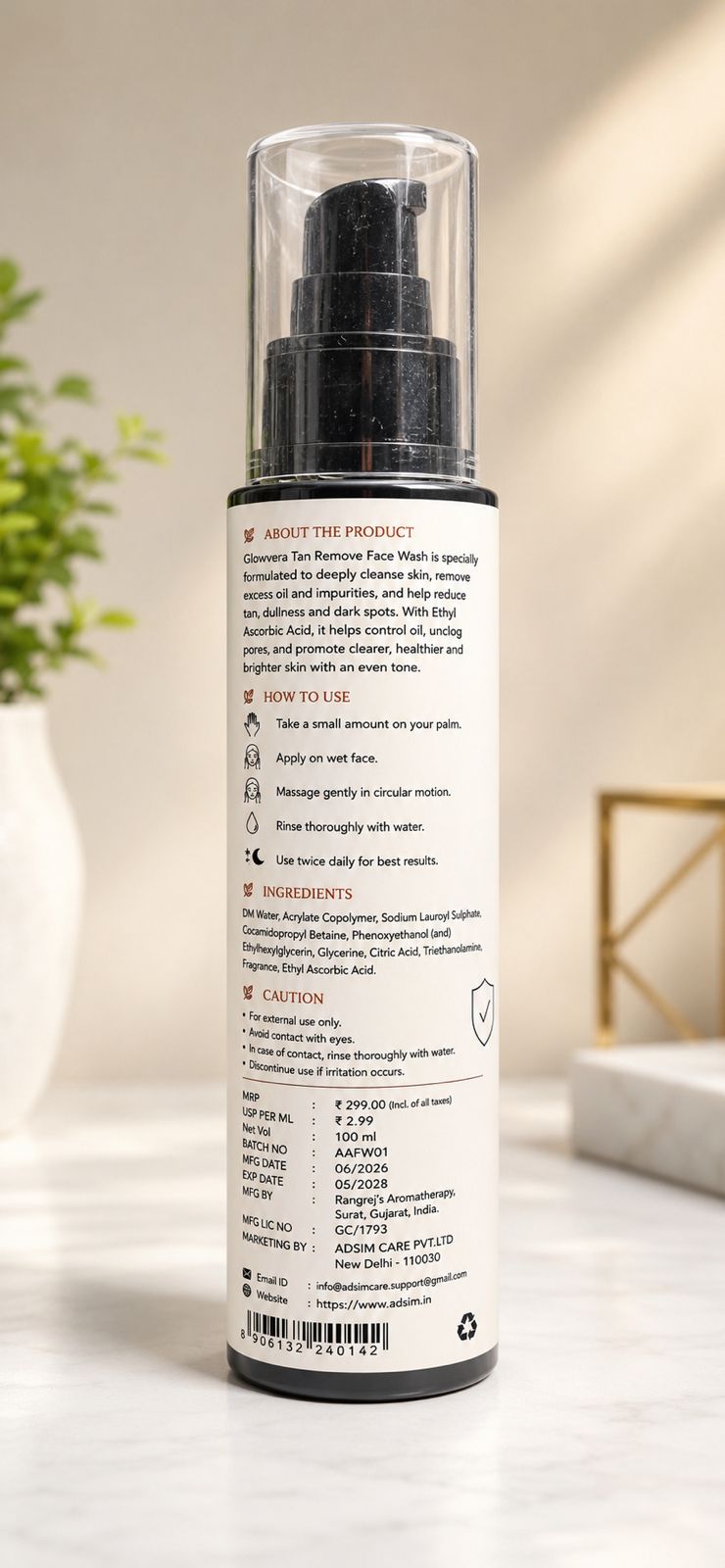 Glowvera Tan Remove Face Wash with Ethyl Ascorbic Acid – 100ml